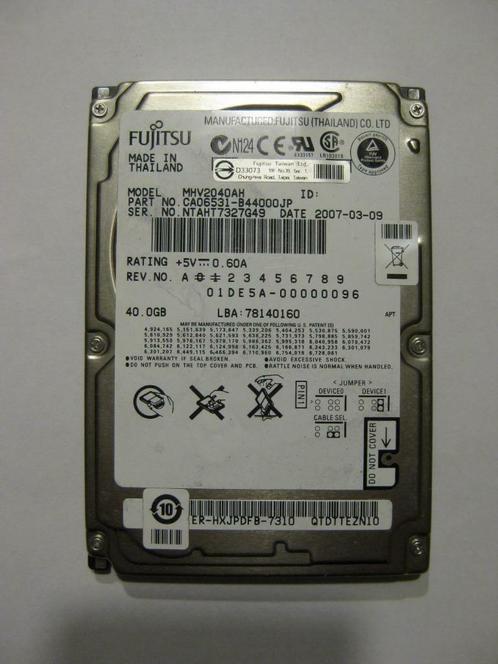 Fujitsu 40GB 2,5" IDE 5400rpm laptop harddisk, Informatique & Logiciels, Disques durs, Utilisé, Laptop, Interne, IDE, Enlèvement ou Envoi