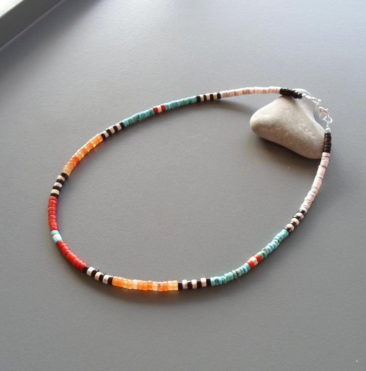 Indiaanse ketting voor dames in turkoois, koraal, parelmoer, Handtassen en Accessoires, Kettingen, Nieuw, Zilver, Oranje, Met edelsteen