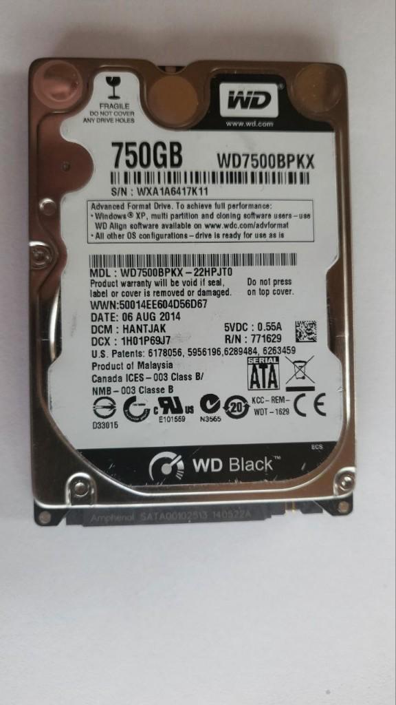 Disque dur WD Black pour ordinateur portable 750 Go, Informatique & Logiciels, Disques durs, Reconditionné, Laptop, Interne, SATA