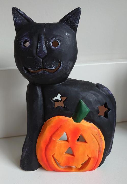 Theelichthouder Halloween : Zwarte kat met pompoen, Hobby en Vrije tijd, Feestartikelen, Zo goed als nieuw, Versiering, Ophalen of Verzenden