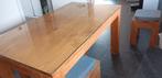 Teak tafel en vier krukken, Huis en Inrichting, Tafels | Eettafels, Ophalen, Gebruikt, Vier personen, Glas