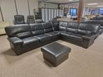 ZWARTE BUFFELLEDEREN HOEKSALON MET POEF AFM 330 X 260, Huis en Inrichting, Ophalen, Gebruikt, Vierpersoons of meer, Leer