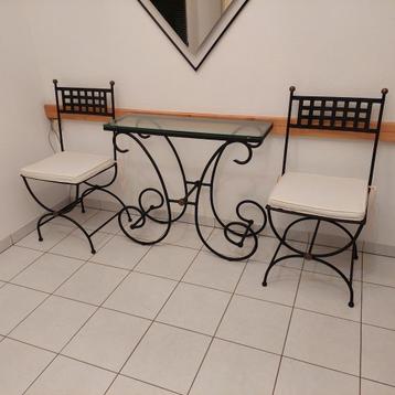 Smeedijzeren tafel, stoelen en bedbank, Comme neuf, Enlèvement, Métal, Noir