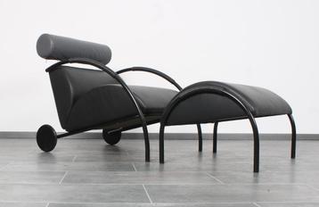 Chaise longue Zyklus en cuir noir avec repose-pieds par Pete, Cuir, Design, 80's, Enlèvement ou Envoi, Banc droit
