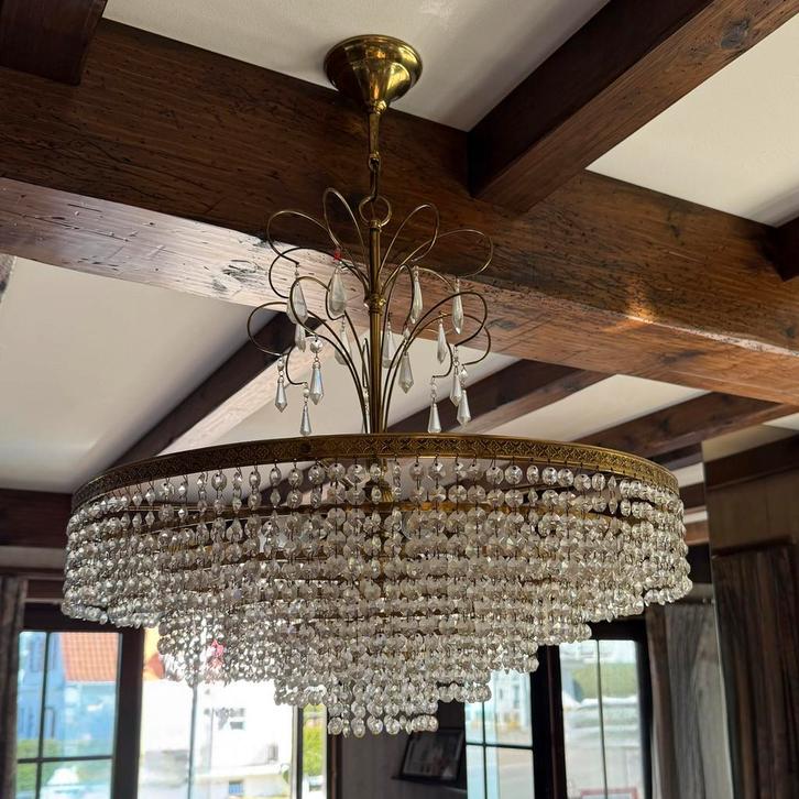 Vintage christallen kroonluchter, Huis en Inrichting, Lampen | Kroonluchters, Gebruikt, Glas, Metaal, Ophalen