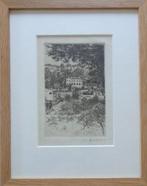 JAAK GORUS / HUIZEN IN LANDSCHAP / ZW-W ETS / 32x25cm KADER, Antiek en Kunst, Ophalen of Verzenden