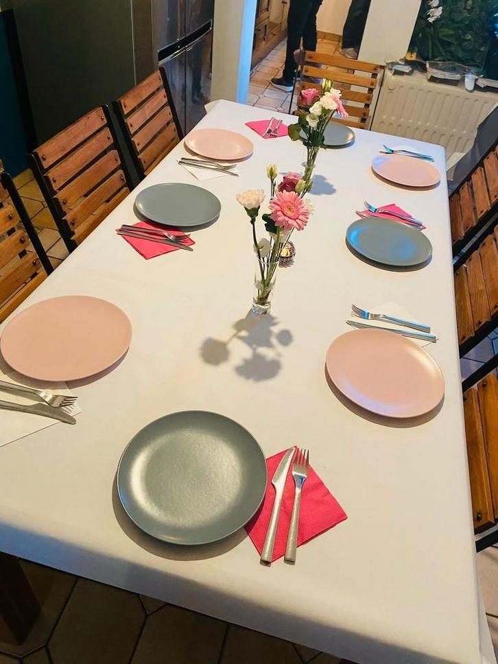 Set Tafel echt teakhout + 6 teakhouten &smeedijzeren stoelen, Maison & Meubles, Salles à manger complètes, Comme neuf, 6 à 8 chaises