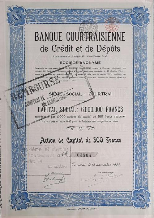 Banque Courtraisienne de Crédit et de Dépôts -  1924, Postzegels en Munten, Aandelen en Waardepapieren, Aandeel, 1920 tot 1950