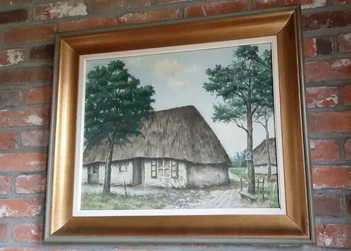 Mooie tekening in kleur: boerderijen in rustiek landschap, Antiek en Kunst, Kunst | Schilderijen | Klassiek, Ophalen of Verzenden