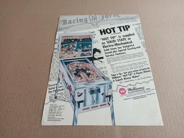 Flyer: Williams Hot Tip (1976) Flipperkast, Collections, Machines | Flipper (jeu), Williams, Envoi