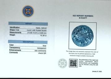 Topaz 15.38 ct - Instituto Gemólogico Español Zwitsers blauw beschikbaar voor biedingen