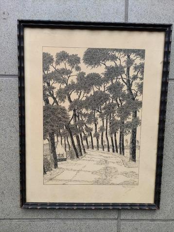 Getekende pentekening in epoque kader beschikbaar voor biedingen