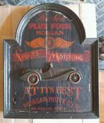 Oud antiek houten reclamepaneel Morgan motors - in reliëf, Reclamebord, Gebruikt, Ophalen of Verzenden