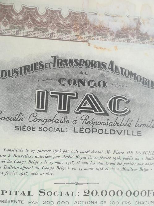 Action titre au porteur Congo Belge ITAC, Boeken, Geschiedenis | Nationaal, Gelezen, 20e eeuw of later, Verzenden