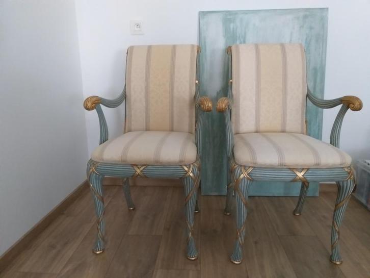 Zetels, sierlijk bewerkt, Huis en Inrichting, Stoelen, Gebruikt, Twee, Hout, Stof, Blauw, Ophalen