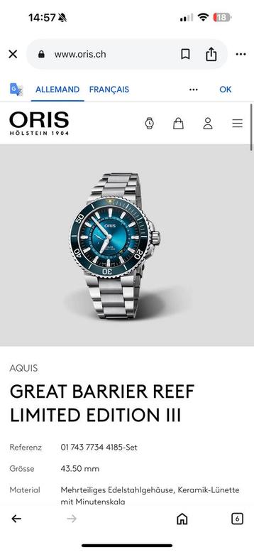 ORIS AQUIS GREAT BARRIER REEF LIMITED EDITION III beschikbaar voor biedingen