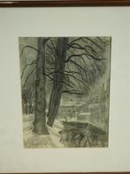 Houtskool lavis Leuven Arthur Hessens winters stadszicht, Ophalen of Verzenden