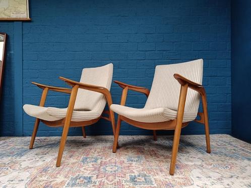 2x Design Retro Fauteuil Braziliaans Design, Huis en Inrichting, Fauteuils, Hout, Stof, Ophalen