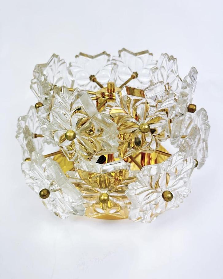 Vintage kristal bloemen plafondlamp, Huis en Inrichting, Lampen | Plafondlampen, Gebruikt, Glas, Metaal, Ophalen of Verzenden