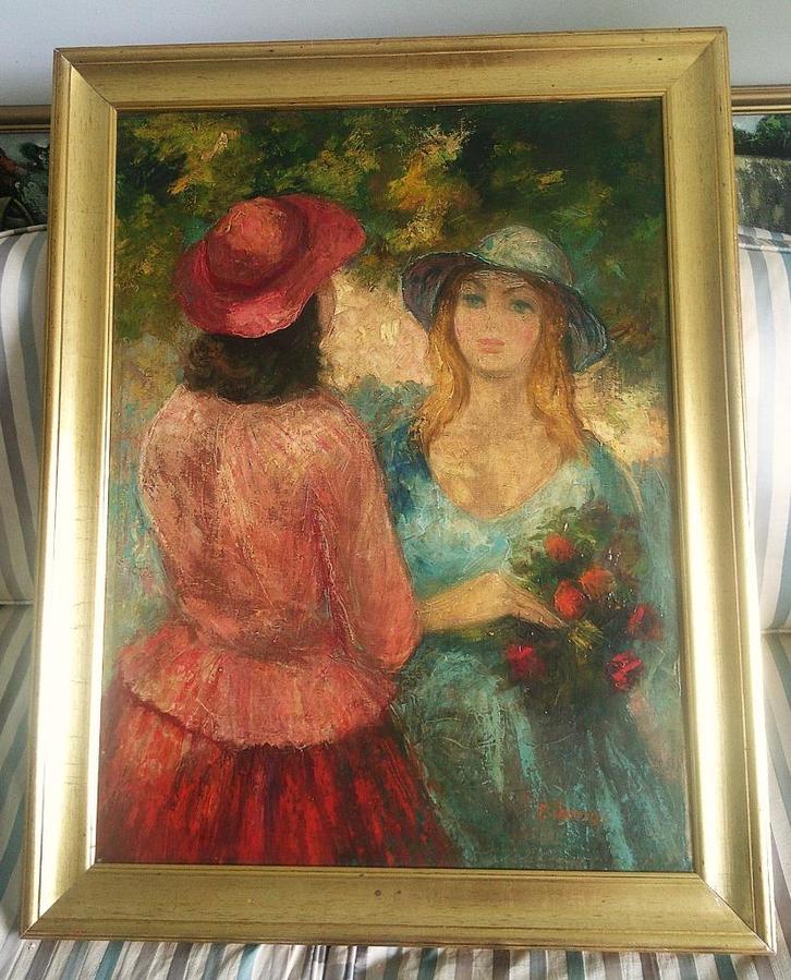 2 jonge dames in gesprek ca. 1940 - gesigneerd E. Thomas, Antiek en Kunst, Kunst | Schilderijen | Klassiek, Ophalen of Verzenden