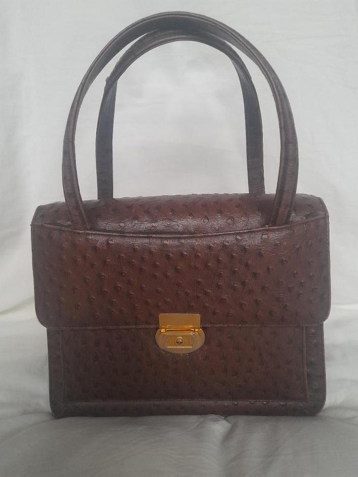 Donkerbruine handtas struisvogelleer, Handtassen en Accessoires, Tassen | Damestassen, Zo goed als nieuw, Handtas, Bruin, Ophalen