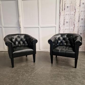 Chesterfield Zwarte Club Chair Set – 100% Leder | Nieuw, Antiek en Kunst, Ophalen
