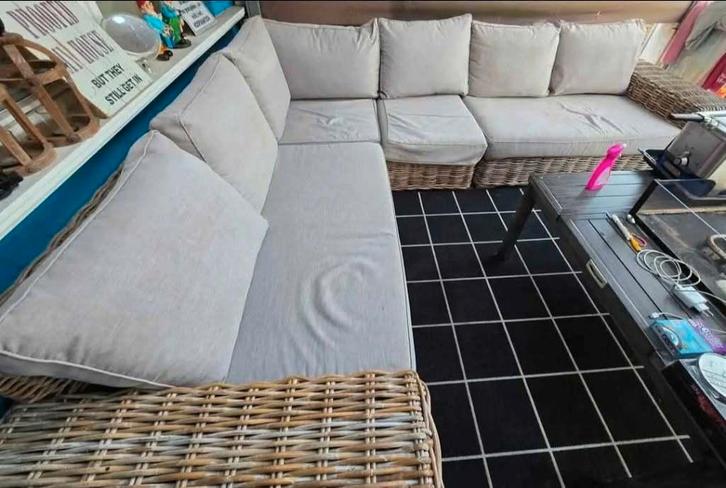 Loungeset hoekbank Natural Rotan, Jardin & Terrasse, Ensembles de jardin, Utilisé, Sets de jardin, Rotin, 7 places, Banque, Enlèvement