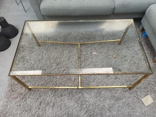 Gouden salontafel met glas, Huis en Inrichting, Tafels | Salontafels, Gebruikt, Minder dan 50 cm, 100 tot 150 cm, 50 tot 100 cm