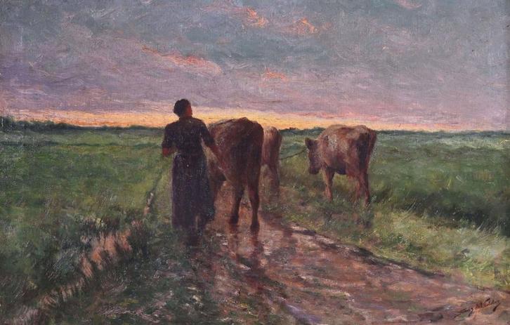 Franz De Vadder (1862-1936): Boerin met koeien (O/D, 79x59cm, Antiek en Kunst, Kunst | Schilderijen | Klassiek, Ophalen of Verzenden