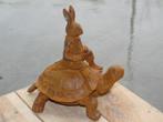 Beeld de haas en de schildpad in roestig gepatineerd gietijz, Ophalen, Nieuw