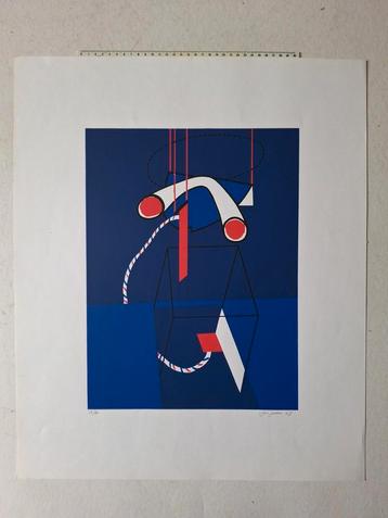 Mooie zeefdruk Jos Jans 1968 compositie in blauw rood wit beschikbaar voor biedingen