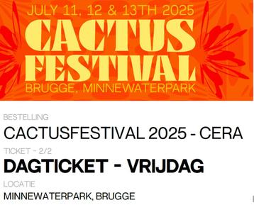 Twee dagtickets vrijdag Cactusfestival 2025 beschikbaar voor biedingen