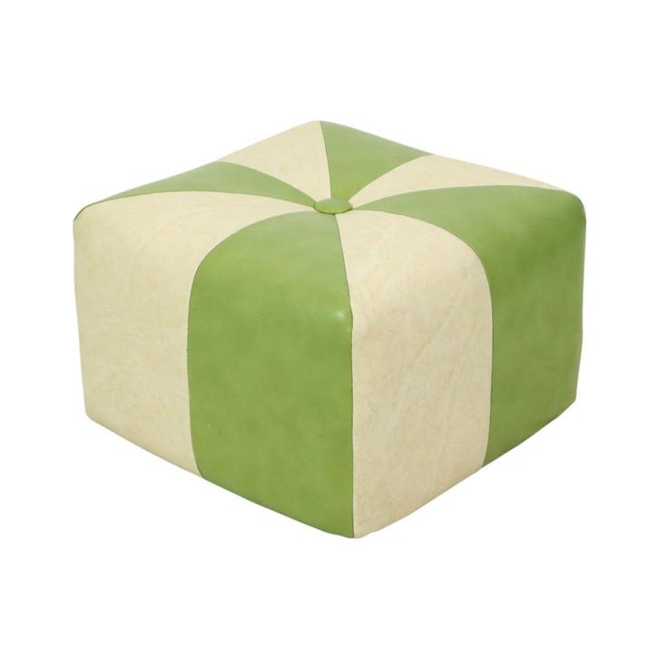 Leuke Vintage Vierkante Poef Skai Kunstleder Groen Crème, Huis en Inrichting, Zetels | Voetbanken en poefs, Gebruikt, Minder dan 50 cm