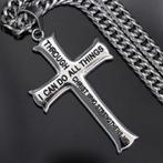 Mooi groot kruis met bijbeltekst en ketting, Nieuw, Overige materialen, Zilver, Met hanger