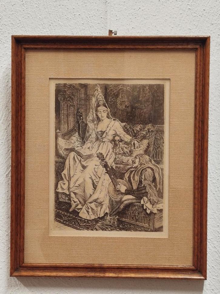 Mooie Ets in kader“Muziekuur” - Willem Geets in kader - 1892, Antiek en Kunst, Kunst | Etsen en Gravures, Ophalen of Verzenden