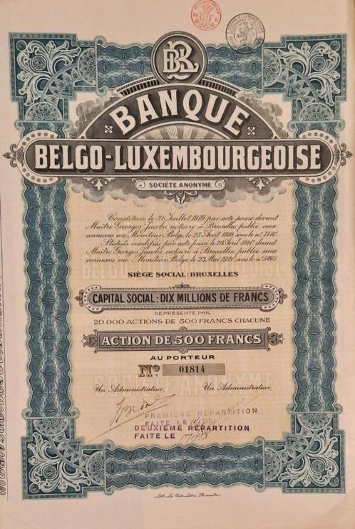 Banque Belgo-Luxembourgeoise - 1920, Postzegels en Munten, Aandelen en Waardepapieren, Aandeel, Voor 1920, Ophalen of Verzenden