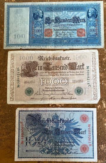 3 Duitse Reichmark-bankbiljetten 1908-1910