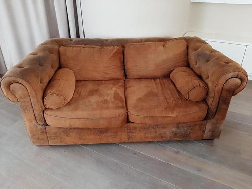 2-zit en 3-zit omgekeerd leder - kleur cognac/kaneel, Huis en Inrichting, Zetels | Zetels, Gebruikt, Rechte bank, Overige maten