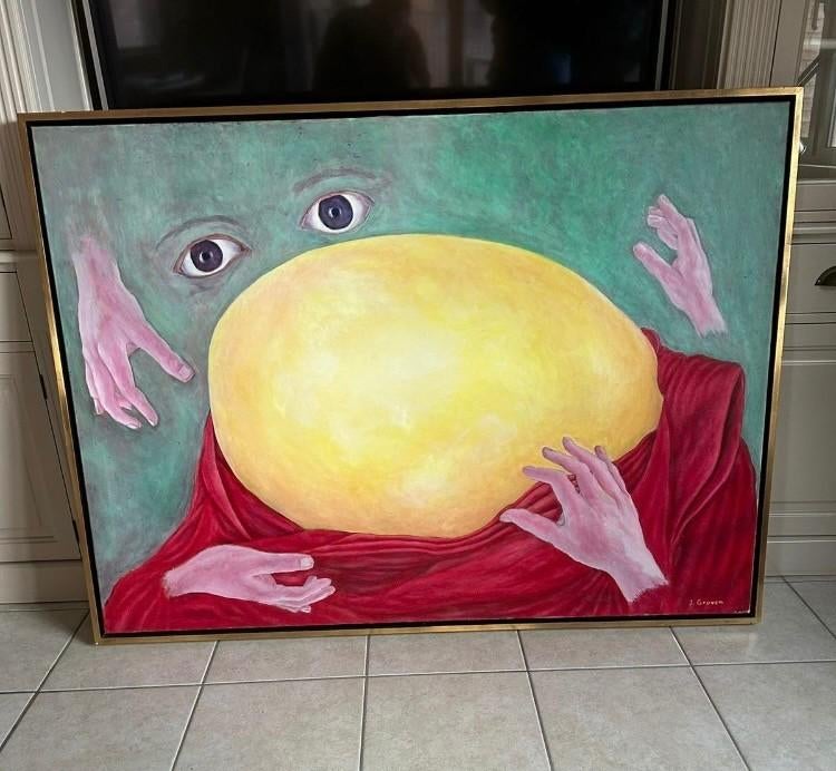 Groot schilderij Jean Groven–surrealistisch–uniek kunstwerk, Antiquités & Art, Art | Peinture | Moderne, Enlèvement