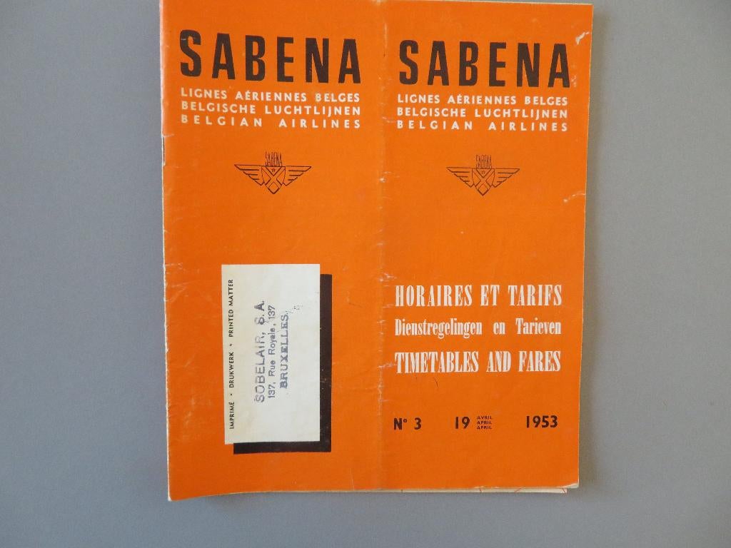 Sabena Belgian Airlines dienstregelingen en tarieven 1953, Collections, Souvenirs Sabena, Enlèvement ou Envoi, Comme neuf