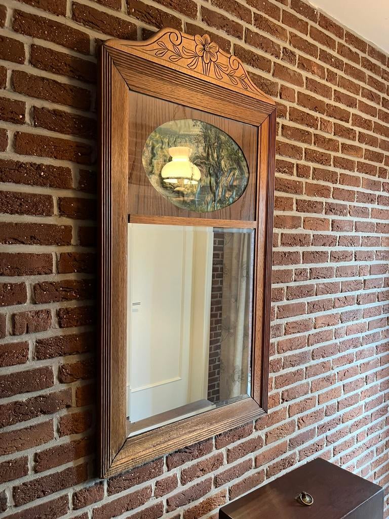 Houten spiegel met landschap afbeelding, Antiek en Kunst, Ophalen, Rechthoekig