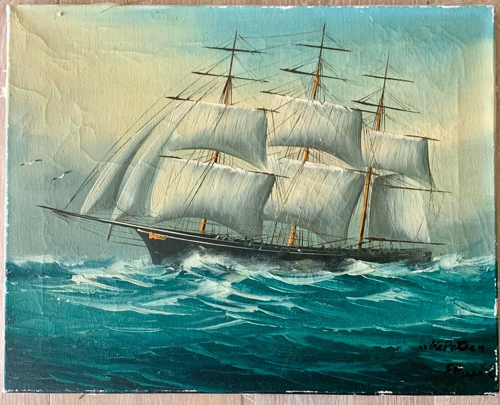 Oude Schilderij gesigneerd boot schip zee, Antiek en Kunst, Ophalen of Verzenden