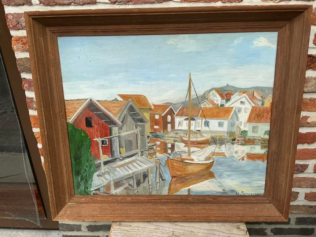 Scandinavisch vissersdorp H. Sorenssen afmeting 71x60cm, Ophalen