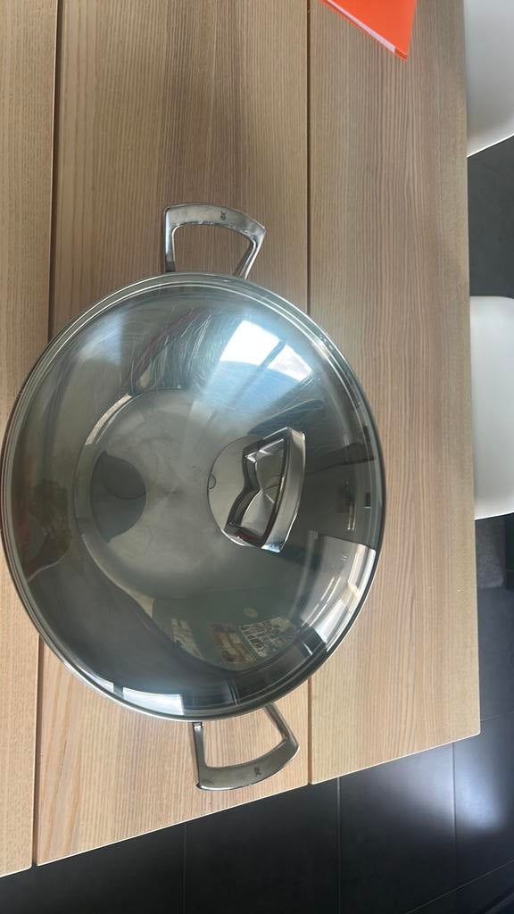 Wokpan RVS 36 cm met glazen deksel, Huis en Inrichting, Keuken | Potten en Pannen, Zo goed als nieuw, Ophalen