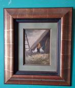 Olieverf op hout 19e kippen en haan gesigneerd, Ophalen of Verzenden