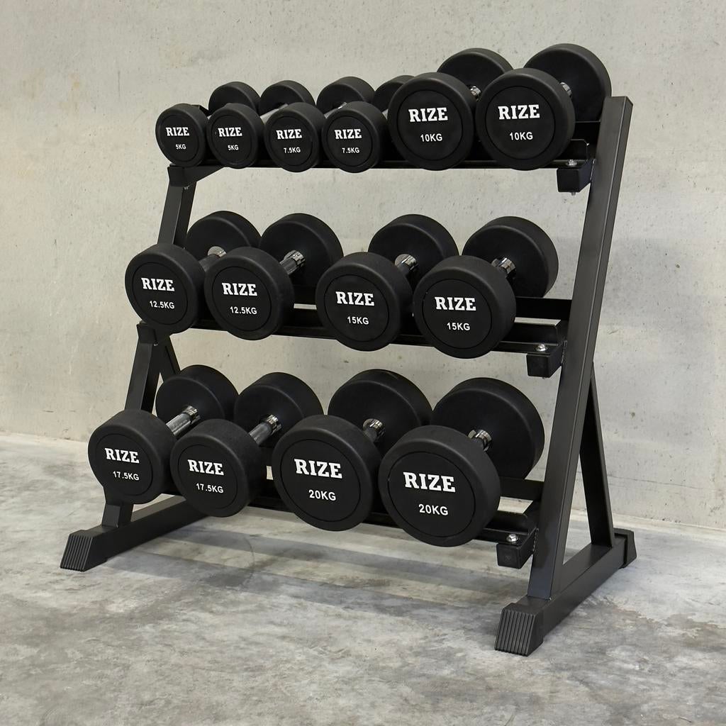 RIZE rubber dumbbells 5–20 kg + rek, Sports & Fitness, Équipement de fitness, Enlèvement ou Envoi, Neuf, Bras, Haltère