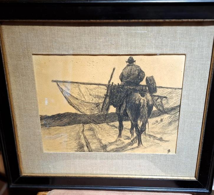 Jean Delvin  Garnaalvisser te paard op het strand, Antiek en Kunst, Kunst | Etsen en Gravures, Ophalen of Verzenden