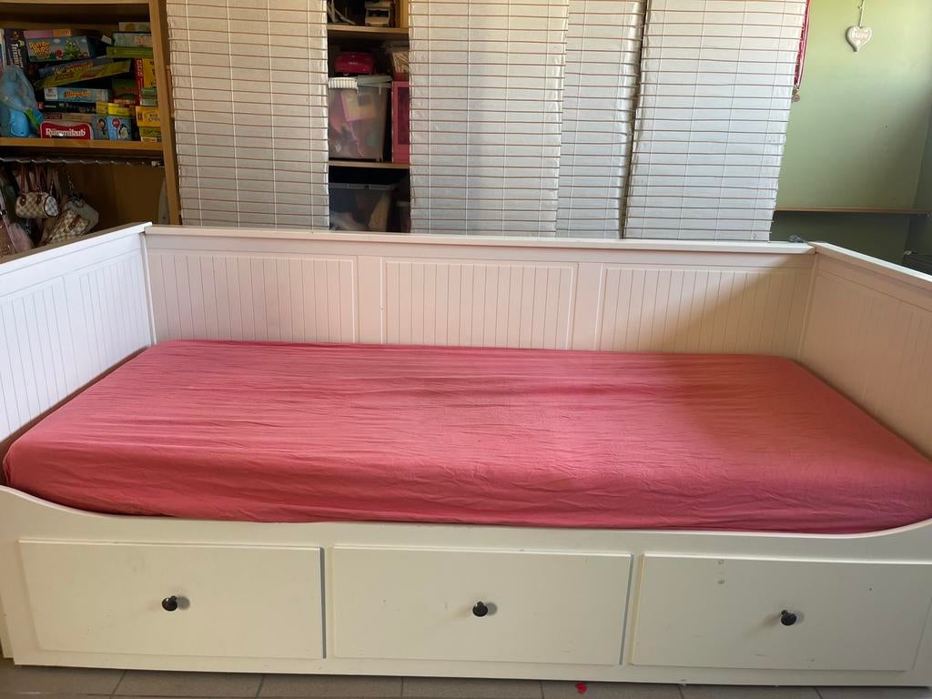 HEMNES Bedbank met 3 lades, wit/Åfjäll stevig, 80x200, Ophalen, Gebruikt, 70 tot 85 cm, Lattenbodem