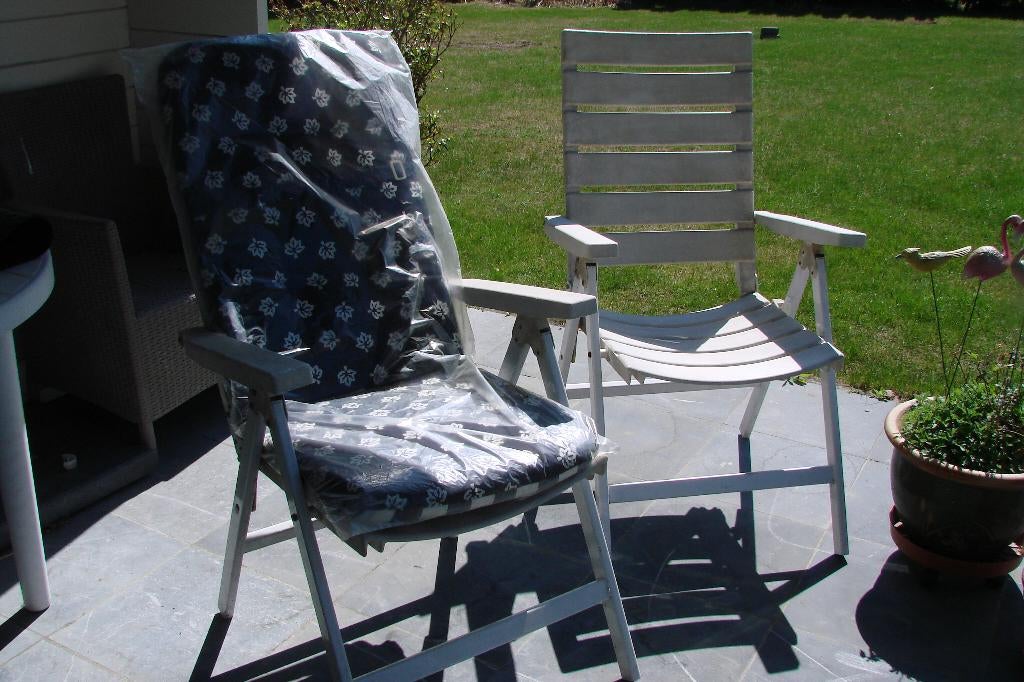 2 tuinzetels met dikke kussens, Jardin & Terrasse, Chaises de jardin, Enlèvement, Utilisé, Synthétique, Ajustable