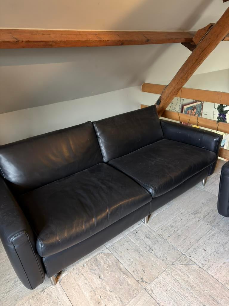 Zetel leder zwart. Driezit + éénzit, Ophalen, Gebruikt, Driepersoons